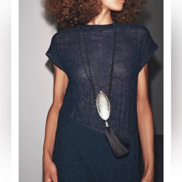 Zara 2 pieces Wrinkle Effect Fine Knit Midi Dress w/Matching Pants Navy Blue NWT - Picture 7 of 16